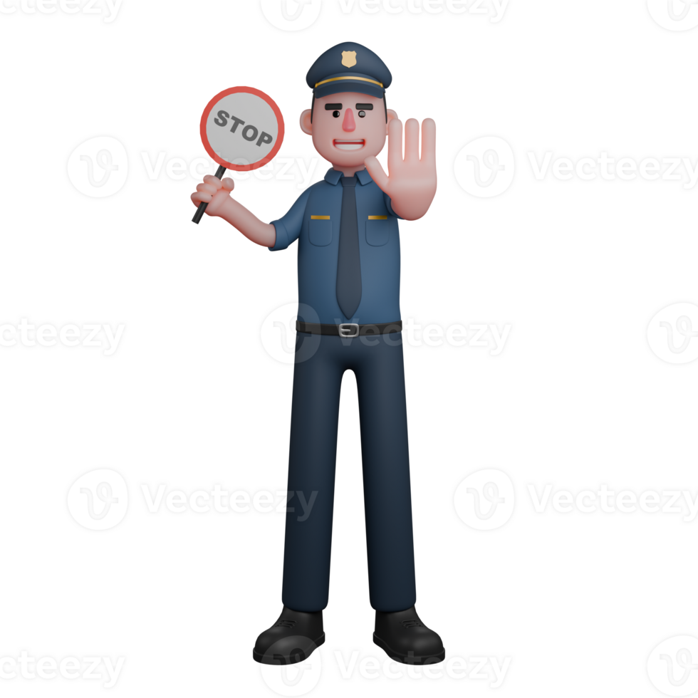 Professional Male in Law Enforcement. A police officer is holding a STOP sign in his right hand and raising his left hand with the palm facing forward. 3D Police Cartoon png
