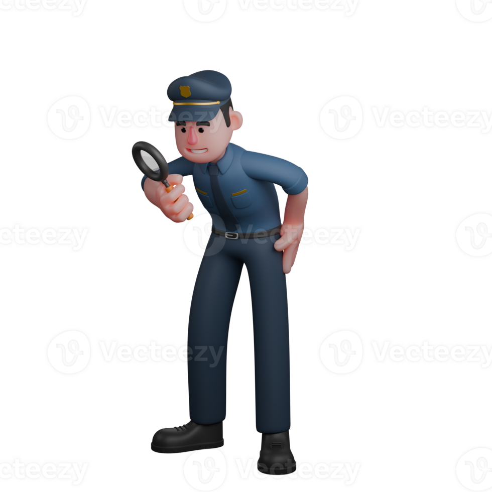 3D Professional Male Police Character. A police officer is holding a magnifying glass and carefully examining something png