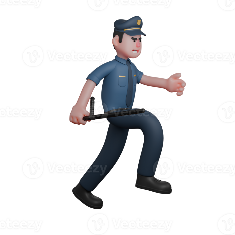 Law Enforcement Professional Male. A policeman is running and holding a police baton with his right hand with a body posture that shows alertness. 3D Police Cartoon png