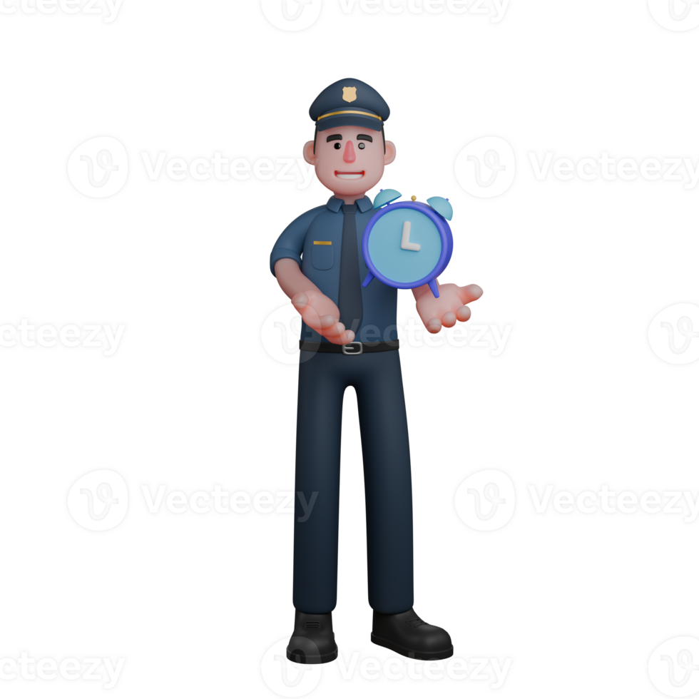 3D Male Police in Action. A police officer is smiling while holding a blue alarm clock in both hands. png