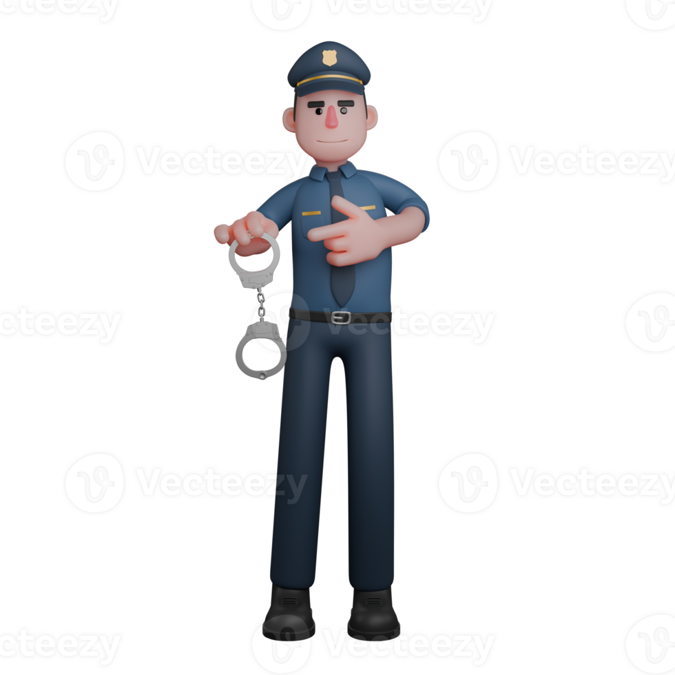 Police Male Professional . A calm-faced police officer is holding handcuffs in his left hand while pointing to himself with his right hand png