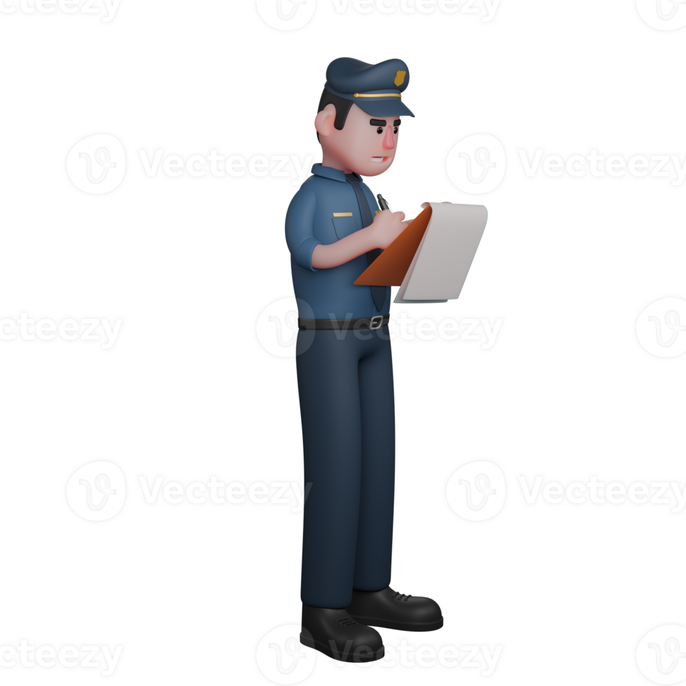 Male Police in 3D. A police officer is taking notes on a document he is holding png