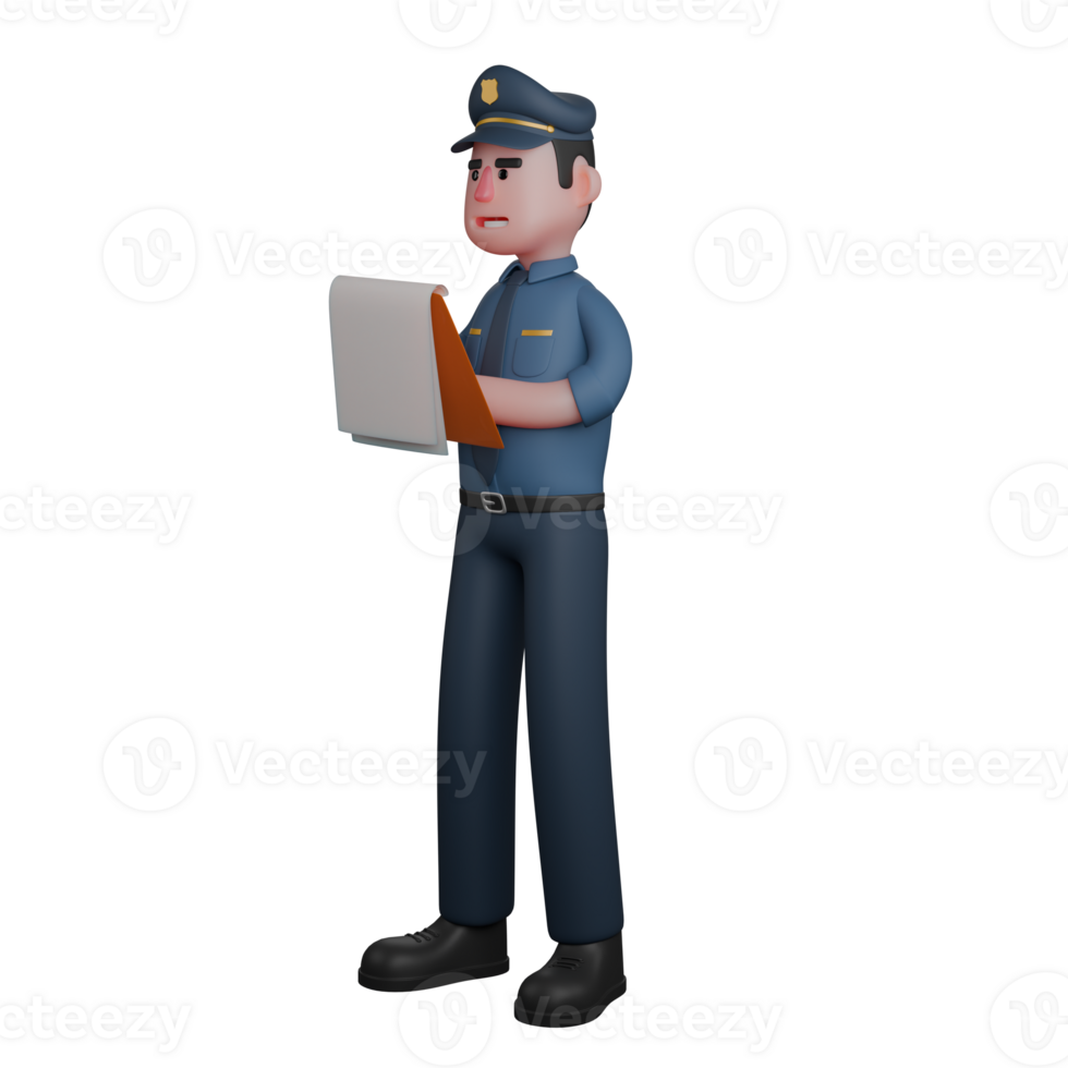 3D Cartoon Male Police. A police officer is carefully reading or examining a document. Uniformed Officer png
