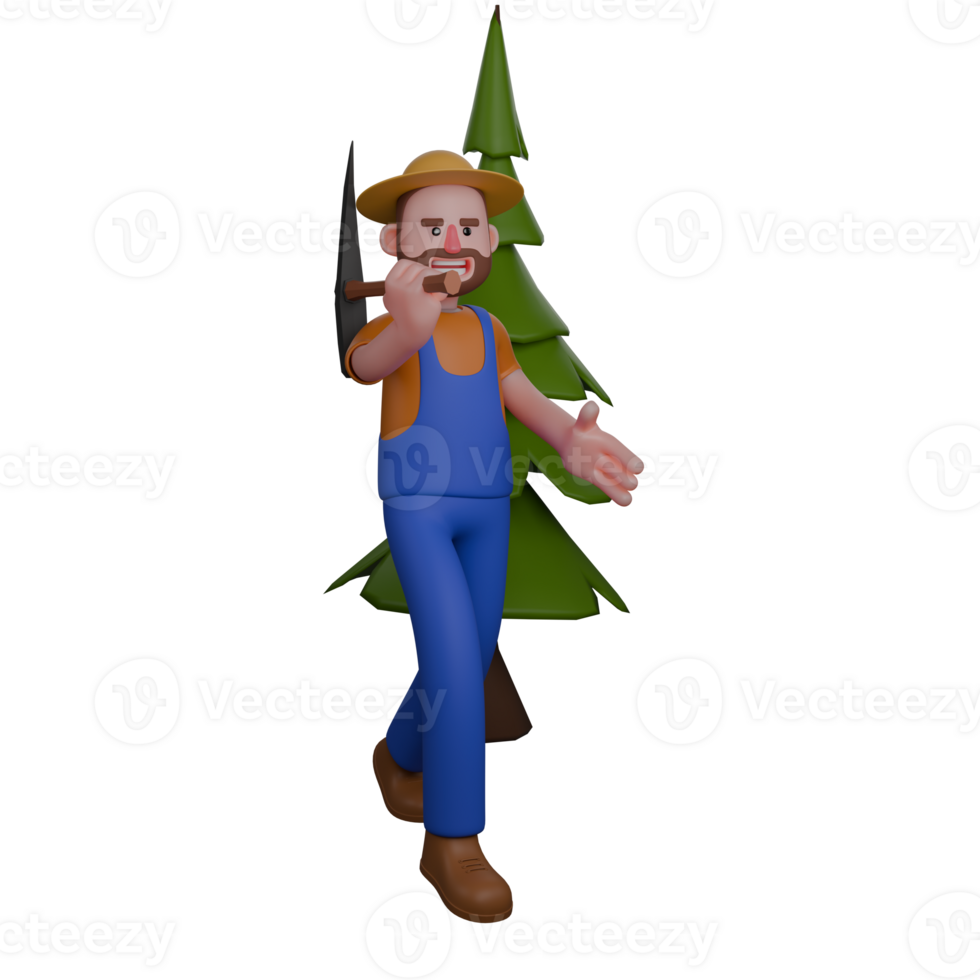 Farmer in 3D. A lumberjack is walking with an axe resting on his shoulder, while the other hand is extended forward. Male Professional png