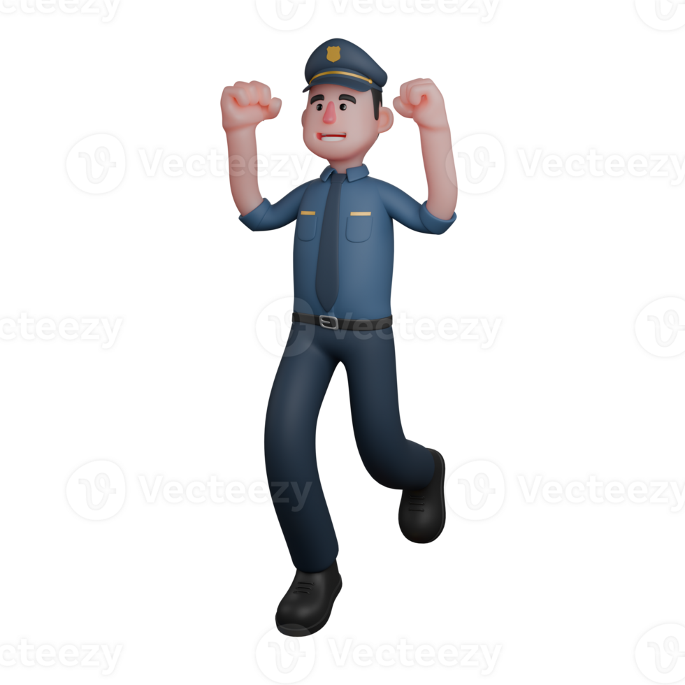 Law Enforcement Police Professional in 3D. A police officer is jumping with both fists raised in the air, showing an expression of joy or success png