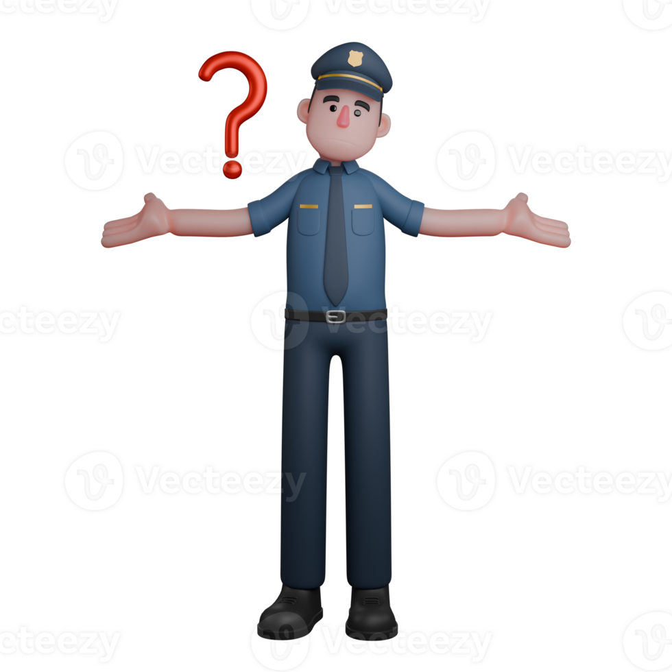 3D Male Police at Crime Scene. A police officer appears confused or uncertain, indicated by the open-hand gesture and a question mark above his head png