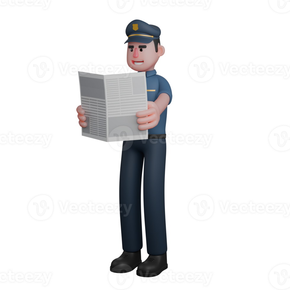 professionnel 3d police. une police officier est soigneusement en train de lire une journal png