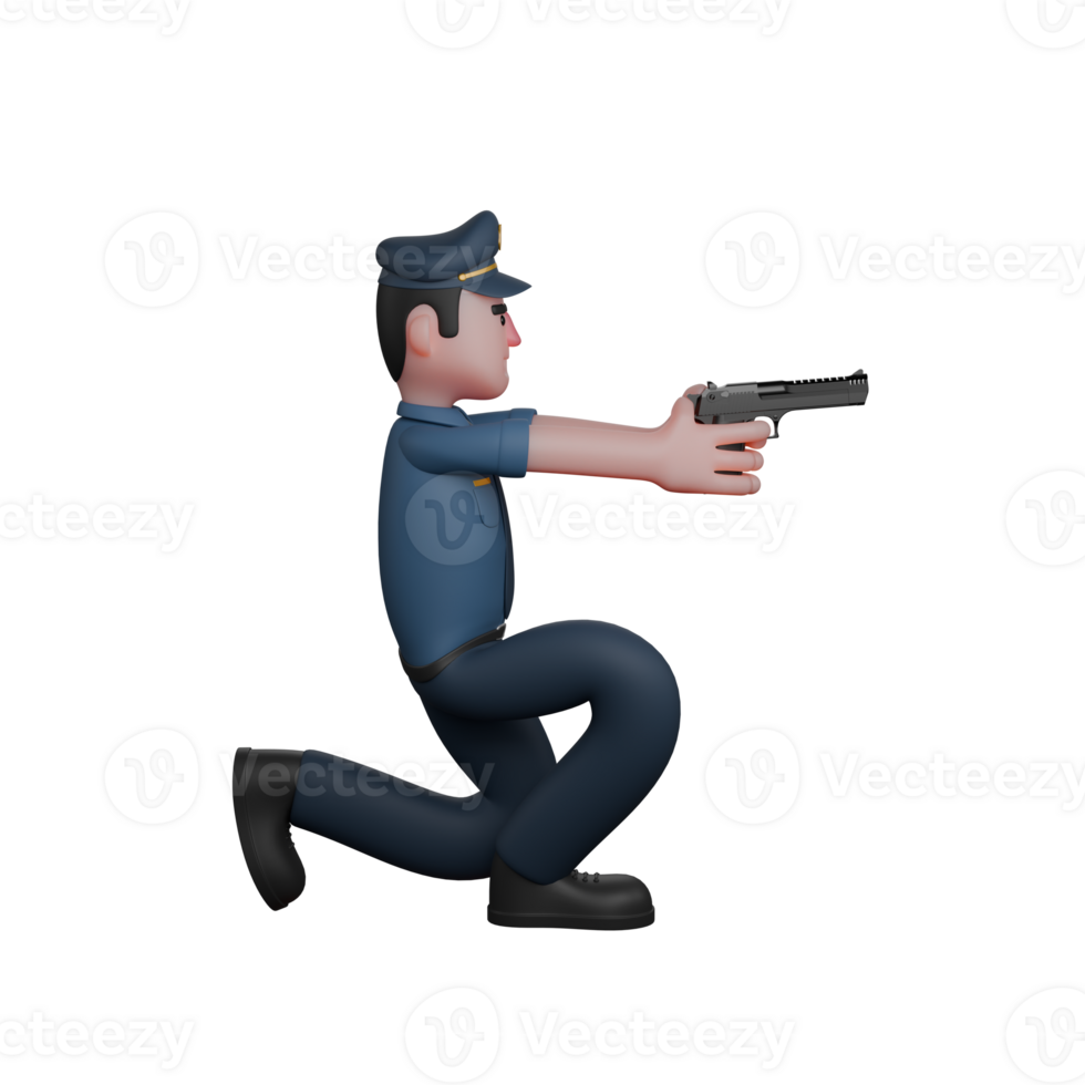 Illustrated Law Professional. A police officer is kneeling while pointing a gun with both hands. 3D Male Police png