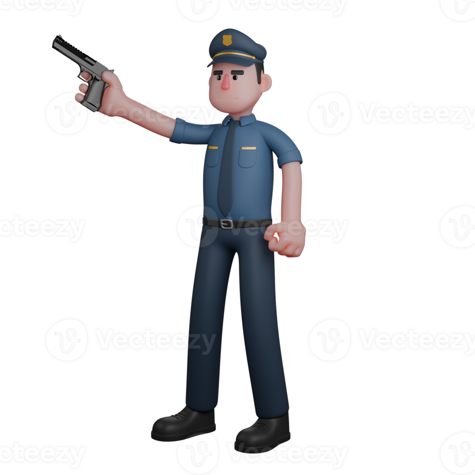Law Officer in 3D. A police officer stands with his right arm raised, holding a pistol in a firm stance. Cartoon Male Police png