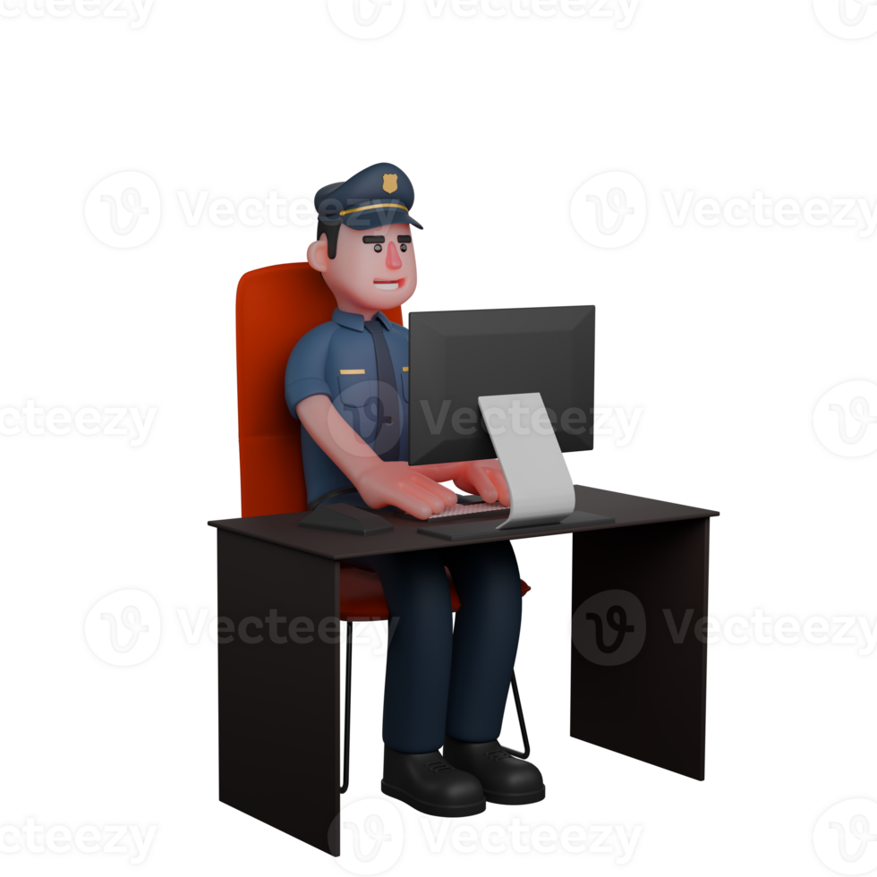 3D Cartoon Male Officer. A police officer is sitting in front of a computer, focused on typing on the keyboard png