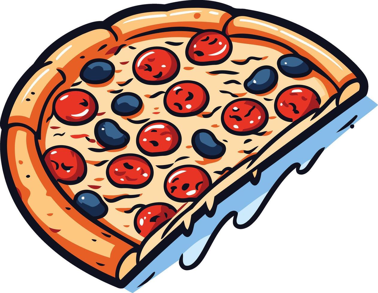 A cartoon pizza slice with gooey cheese dripping down the side, perfect for illustrating pizza menus, websites, or social media posts vector