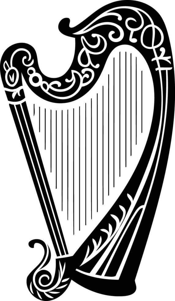 Ornate black and white illustration of a celtic harp, perfect for irish themed designs, music projects, and cultural representations vector