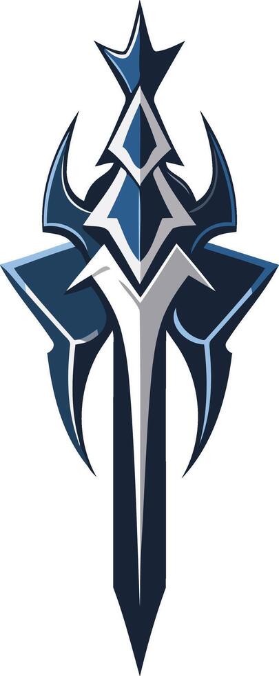 Sharp, stylized sword logo design in blue and white vector