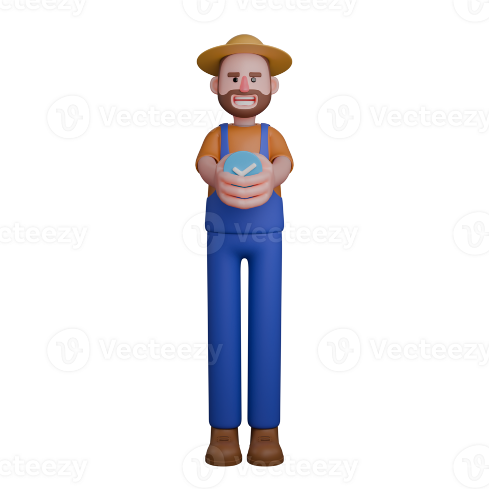 Male Farmer 3D A standing farmer holding a small blue circle symbol with a white check mark in the middle. png
