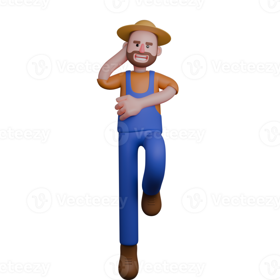3D Model of Professional Male Farmer. A farmer is walking with a cheerful and energetic expression, with one hand on his head and the other in front of his body. Cartoon png