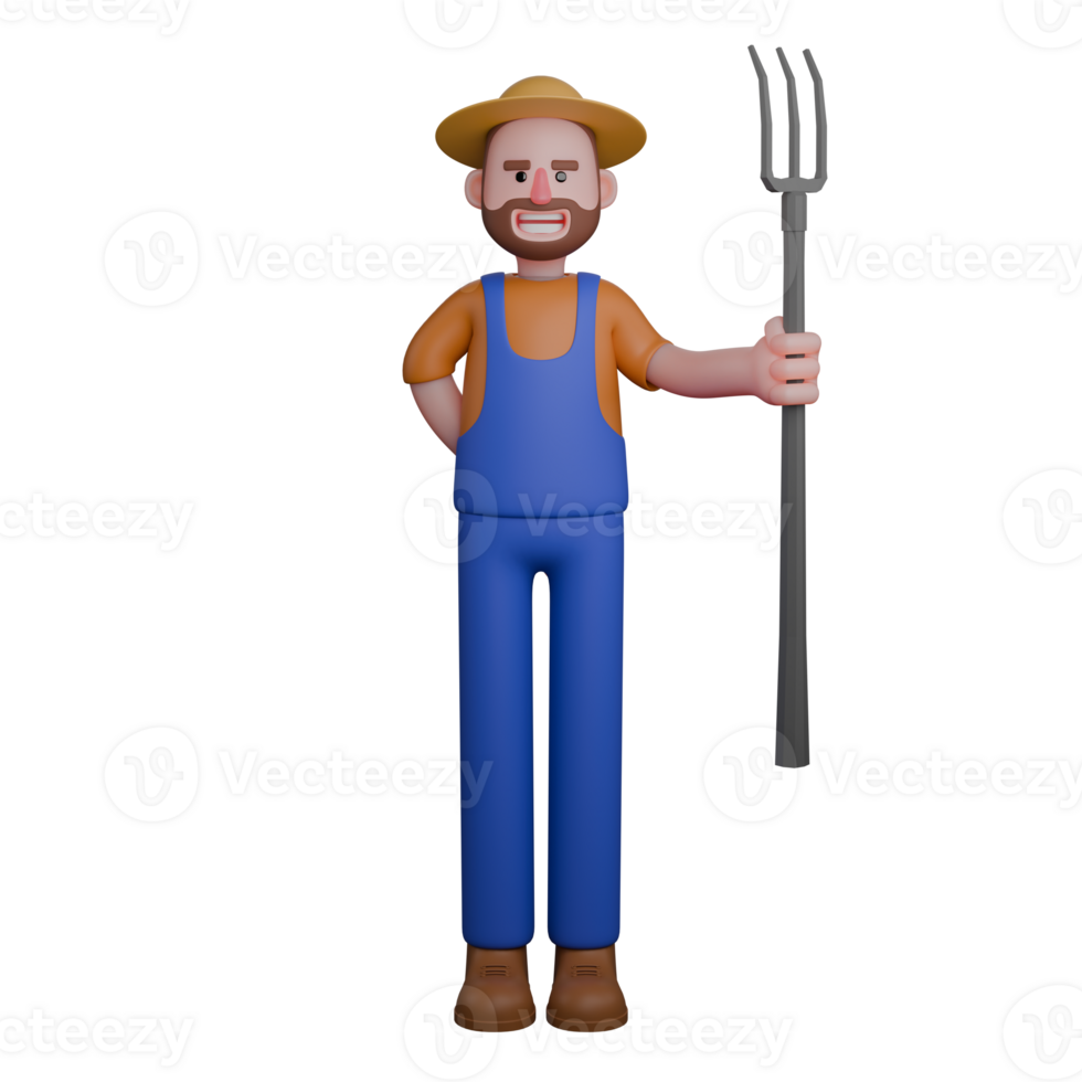 Male Farmer in Agricultural 3D. A farmer is standing upright with his left hand on his hip and his right hand holding a pitchfork. Professional Character png