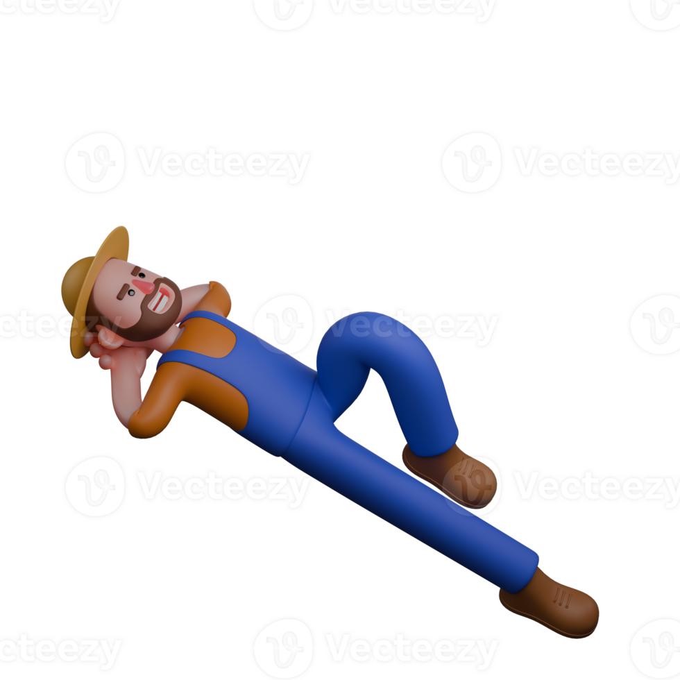 Illustrated Agricultural Professional. A farmer is lying down leisurely on the ground with his hands behind his head. 3D Male Farmer png