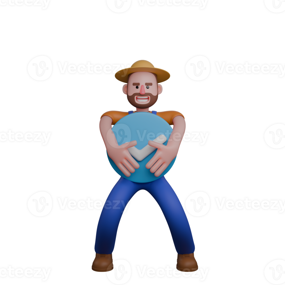 Male Rural Farmer 3D. A farmer is seen hugging a large blue circle with a white check mark symbol in the middle png