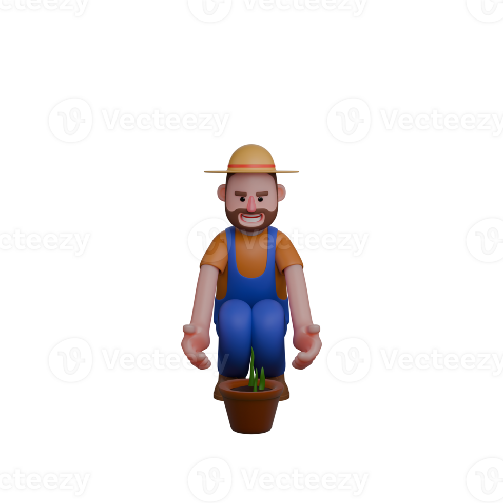 of Male Farmer. A farmer wearing a straw hat and gardening clothes is squatting in front of a pot containing young plants. Agricultural Worker png
