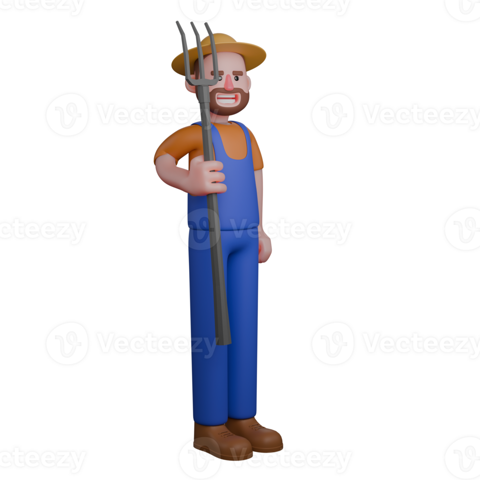 Professional Farmer Character in 3D. A farmer is standing casually while holding a pitchfork with his right hand png