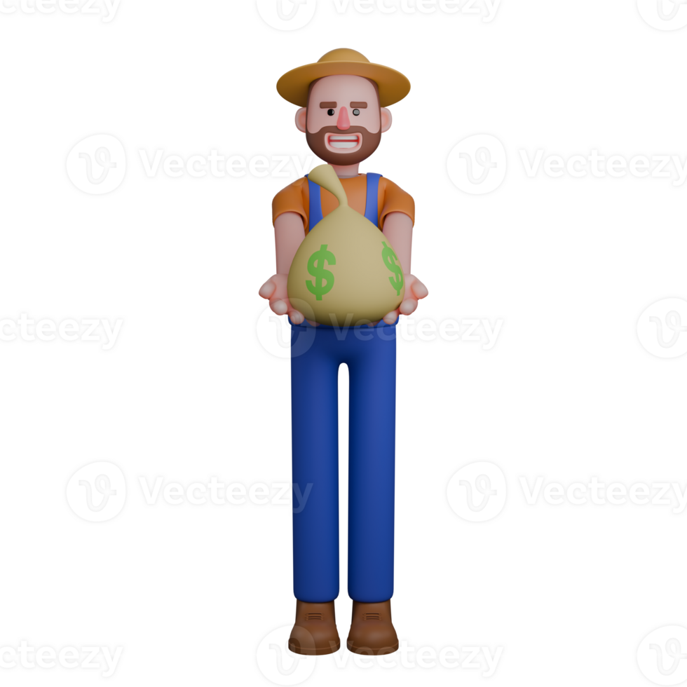 Male Farmer in Farm Setting. A farmer is standing with outstretched hands holding a large money bag adorned with dollar signs. 3D Character png