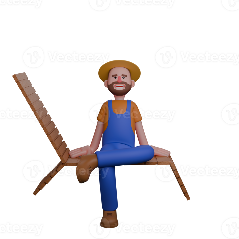 Male Farmer in 3D. A farmer wearing a straw hat, gardening clothes, and boots is sitting comfortably on a wooden chair png