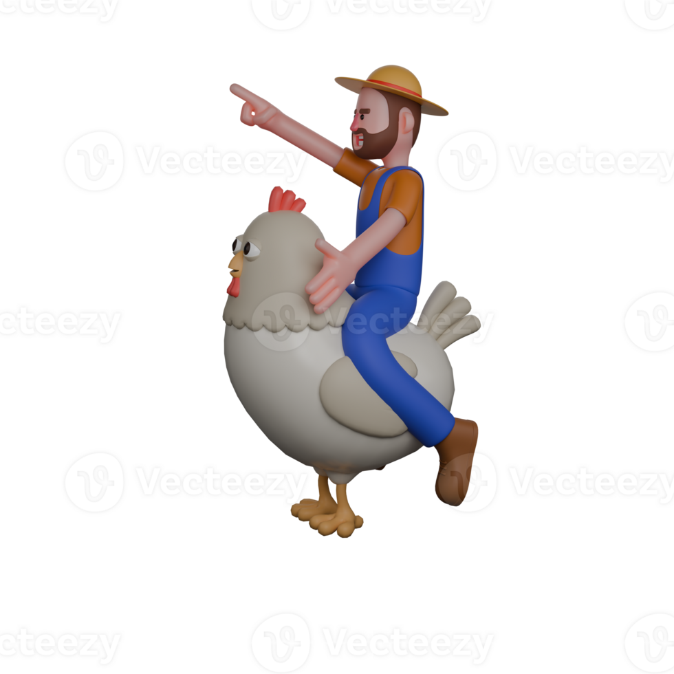 Male Professional Farmer 3D Character. A farmer is riding a giant chicken while pointing forward with his right hand png
