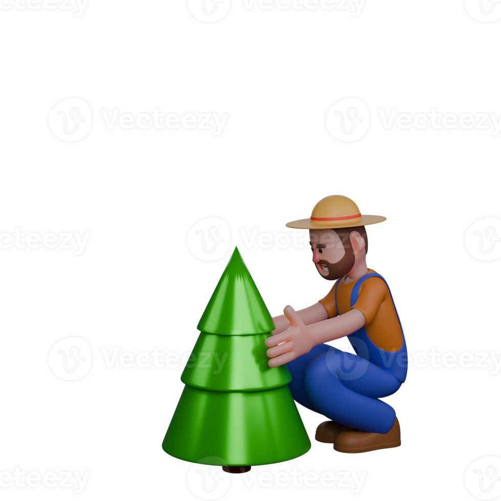 Professional 3D Agricultural Farmer. A farmer is checking or tending to a small pine tree png