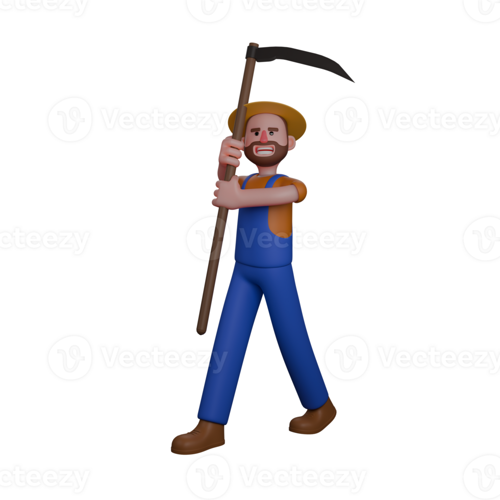 Agricultural Farmer Professional in 3D. A farmer is holding a large scythe with both hands, in a position ready to start working. Male png