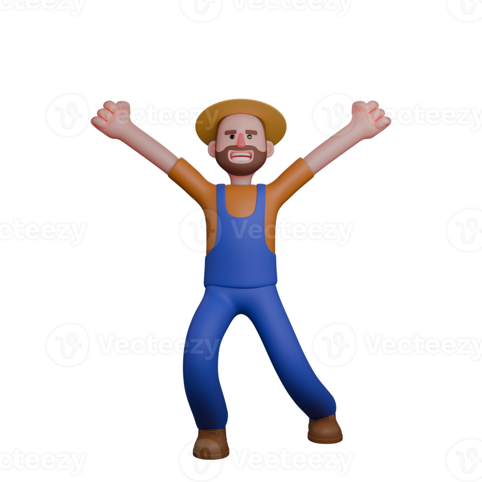 Cartoon Male Farmer. A farmer wearing a straw hat looks very excited and full of energy. 3D Farming Character png
