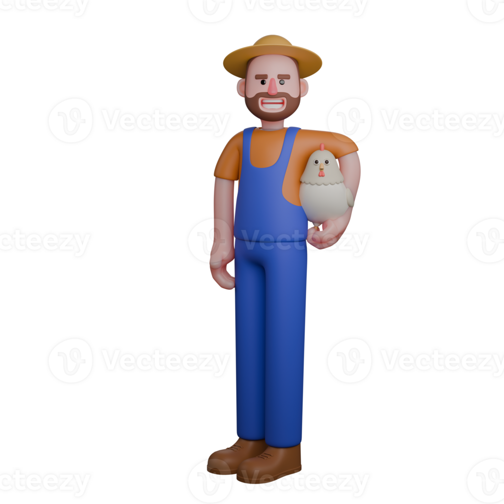 3D Male Farmer in Action.A farmer is standing while holding a white chicken in his arm. Professional Agricultural png