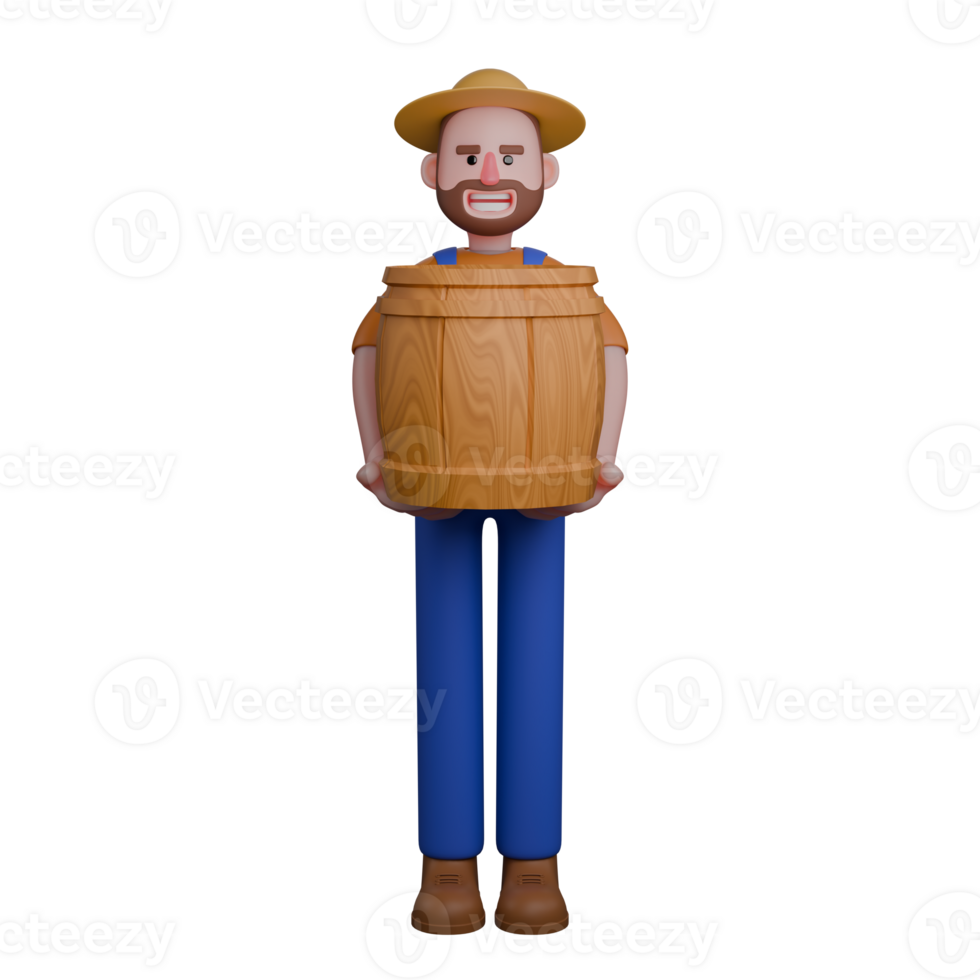 3D Cartoon Male Agriculturist. A farmer is standing while holding a large wooden barrel with both hands png