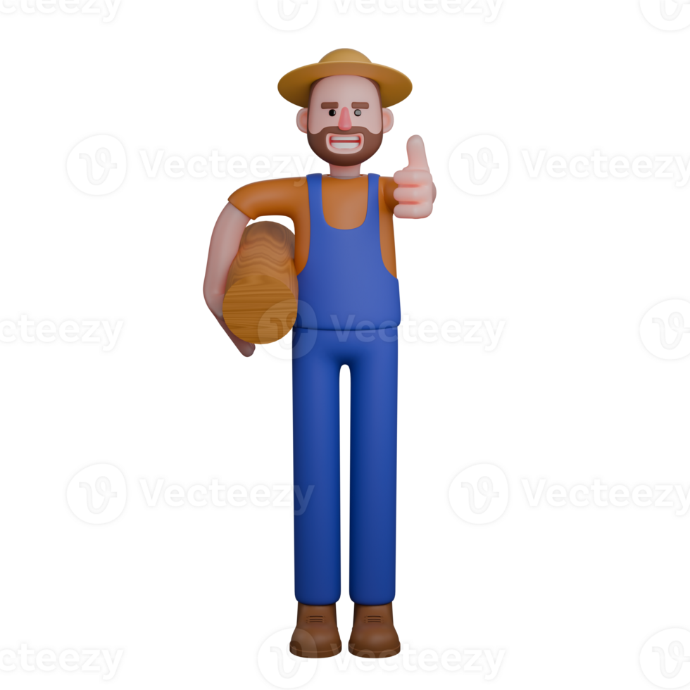 Animated Male Farmer. A farmer is carrying a large piece of wood on his shoulder while giving a thumbs-up sign. 3D Professional png