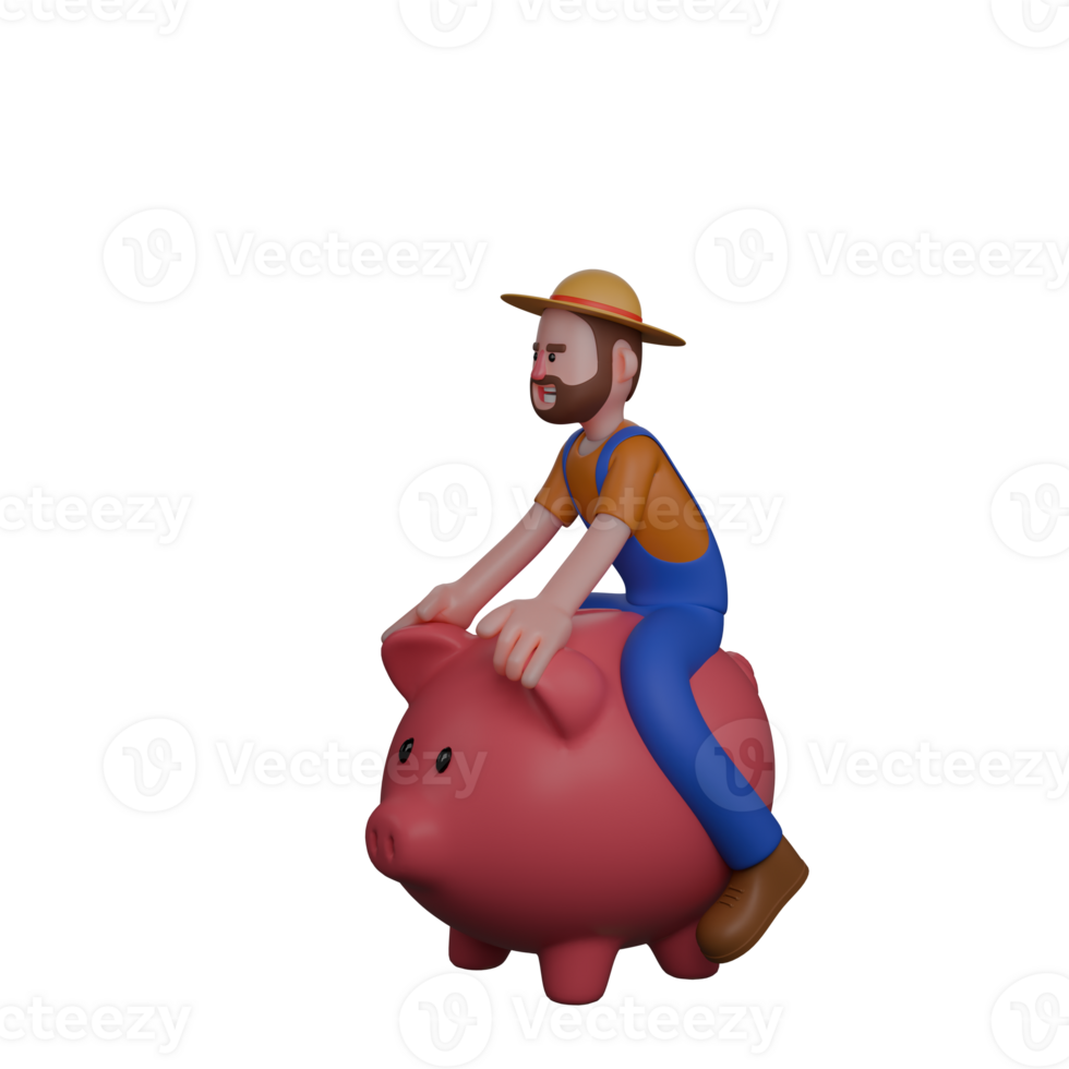 Professional Male Farmer in 3D. A farmer sits on a pink pig and tries to control it. Farming Character png