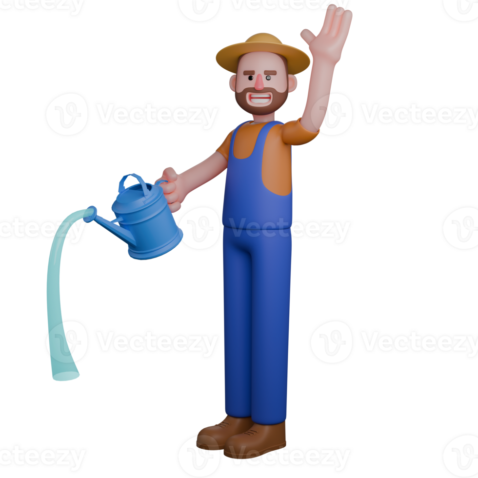 3D Male Farmer. A farmer wearing a straw hat, gardening clothes, and boots is watering plants with a watering can. Rural Cartoon Character png