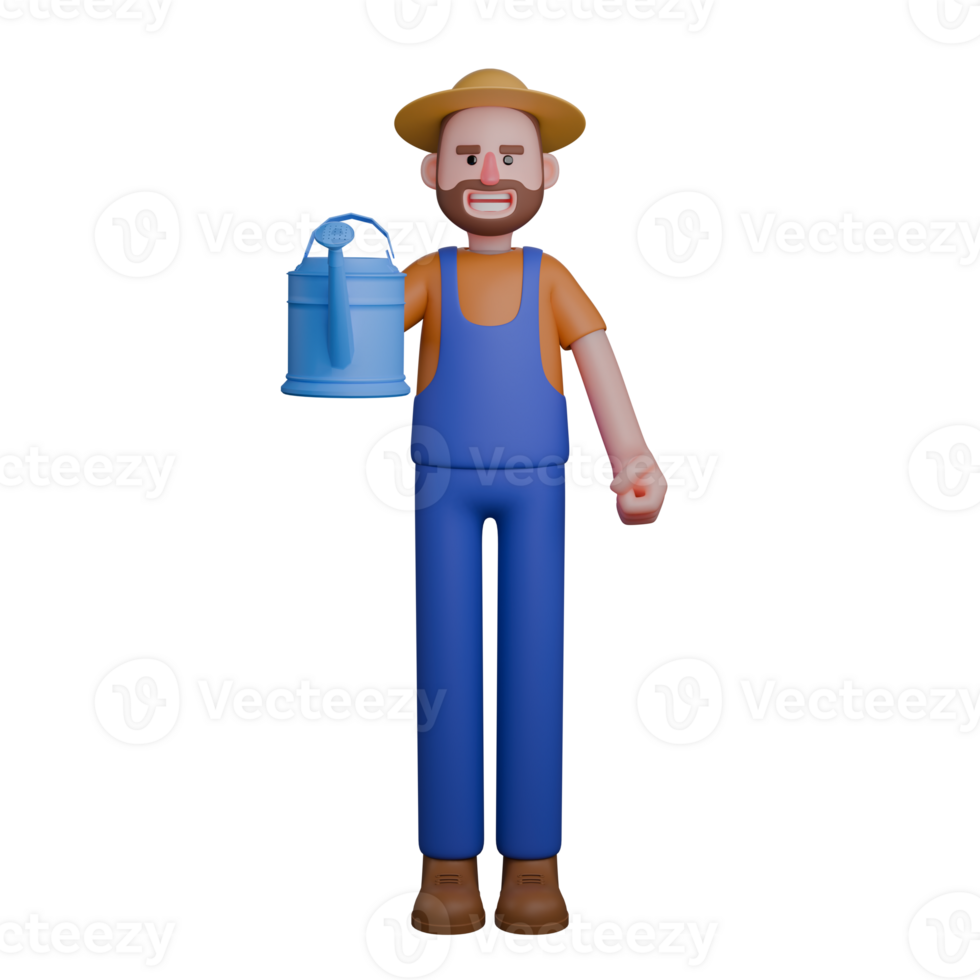 Illustrated 3D Farmer. A farmer wearing a straw hat, gardening clothes, and boots is holding a watering can. Male Agriculturalist png