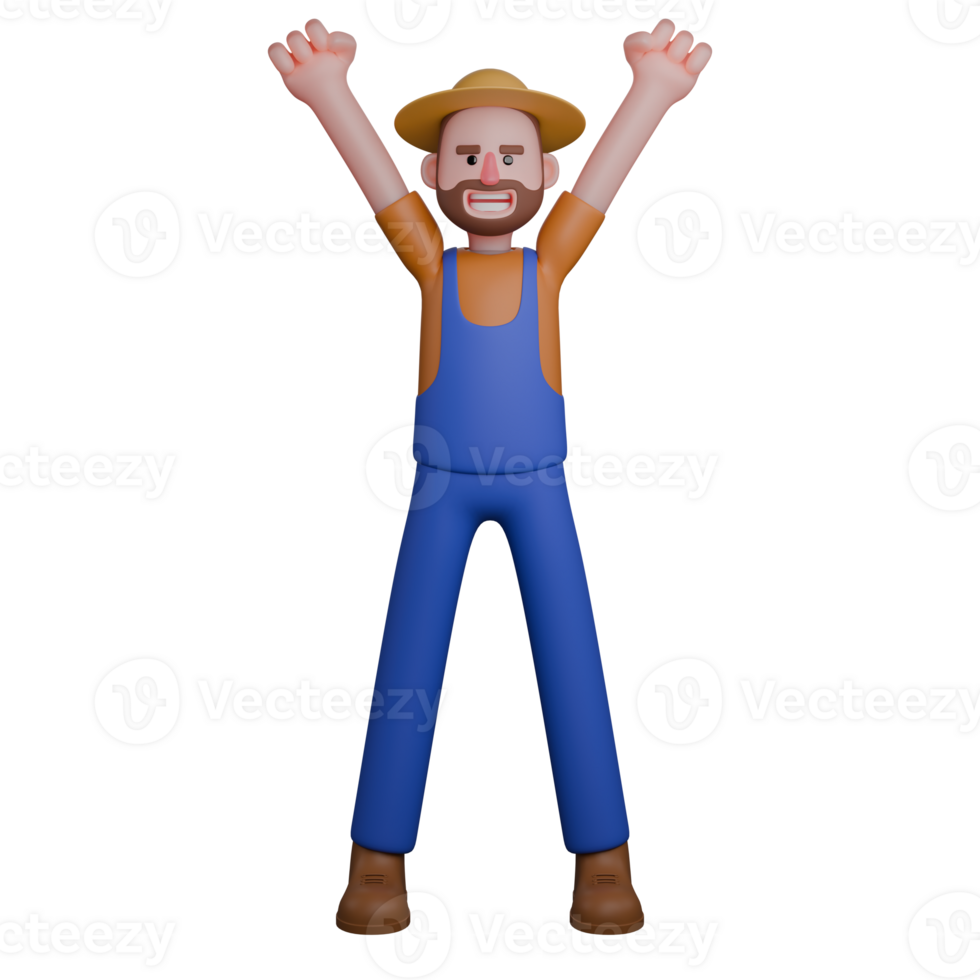 Agricultural Professional 3D. A farmer wearing a straw hat and gardening clothes raises both hands in the air with an enthusiastic facial expression. Male Farmer Cartoon png