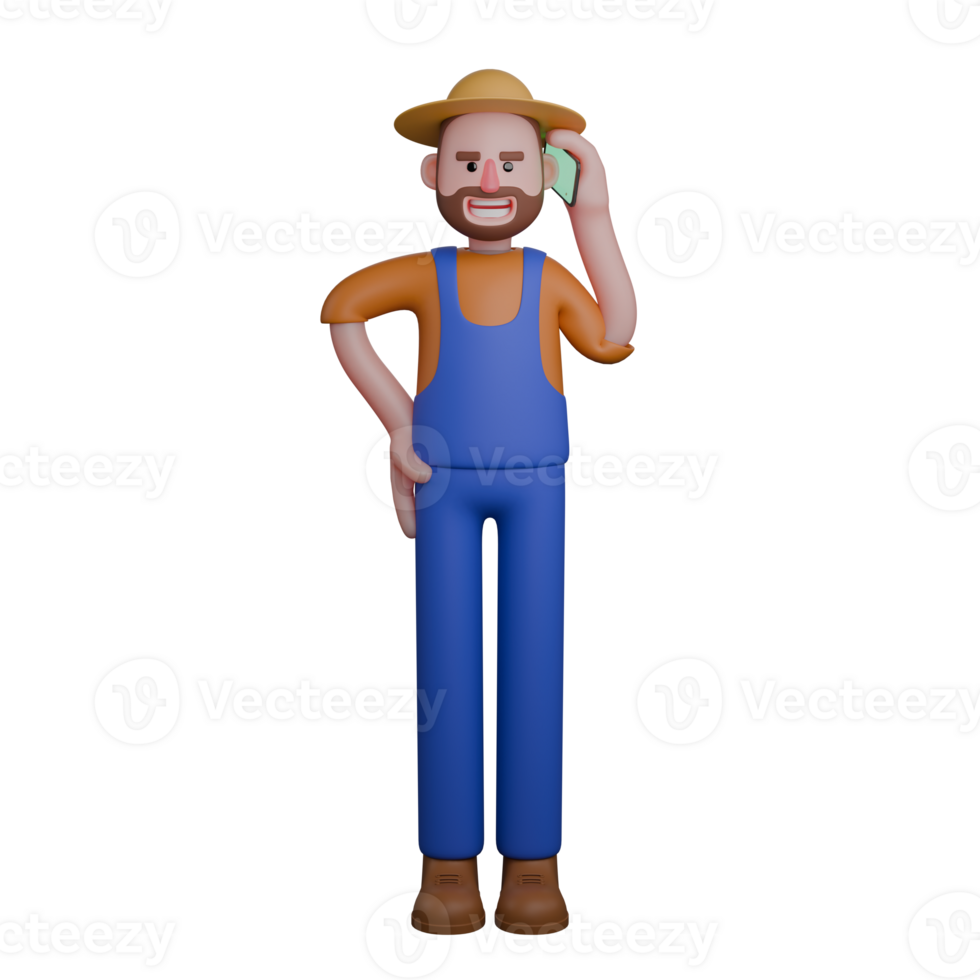 Male Farmer Agricultural Professional. A farmer is talking on a mobile phone with his right hand to his ear while his left hand rests on his waist. 3D Cartoon png