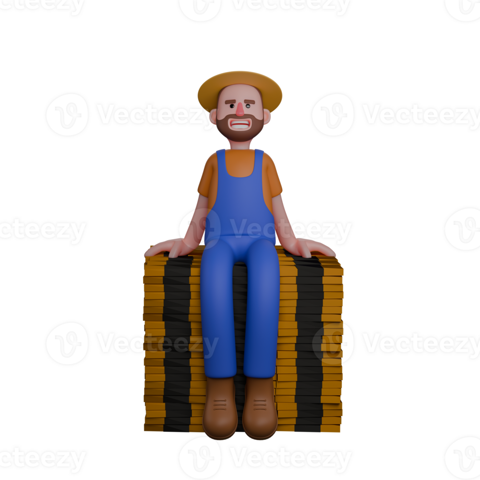 3D Male Farmer in Field. A farmer is sitting on a pile of wooden blocks. Agricultural Cartoon png