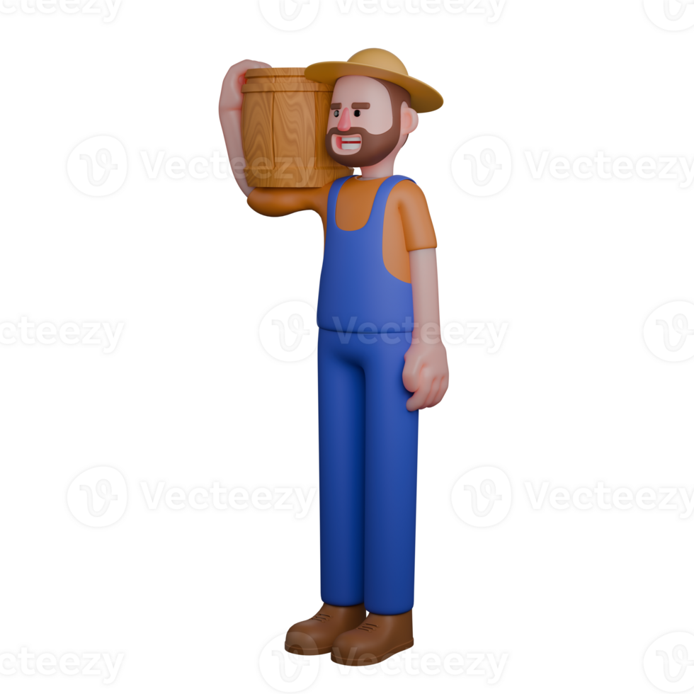 Male Farmer in Action. A farmer is sitting on a large wooden barrel. 3D Farming Scene png