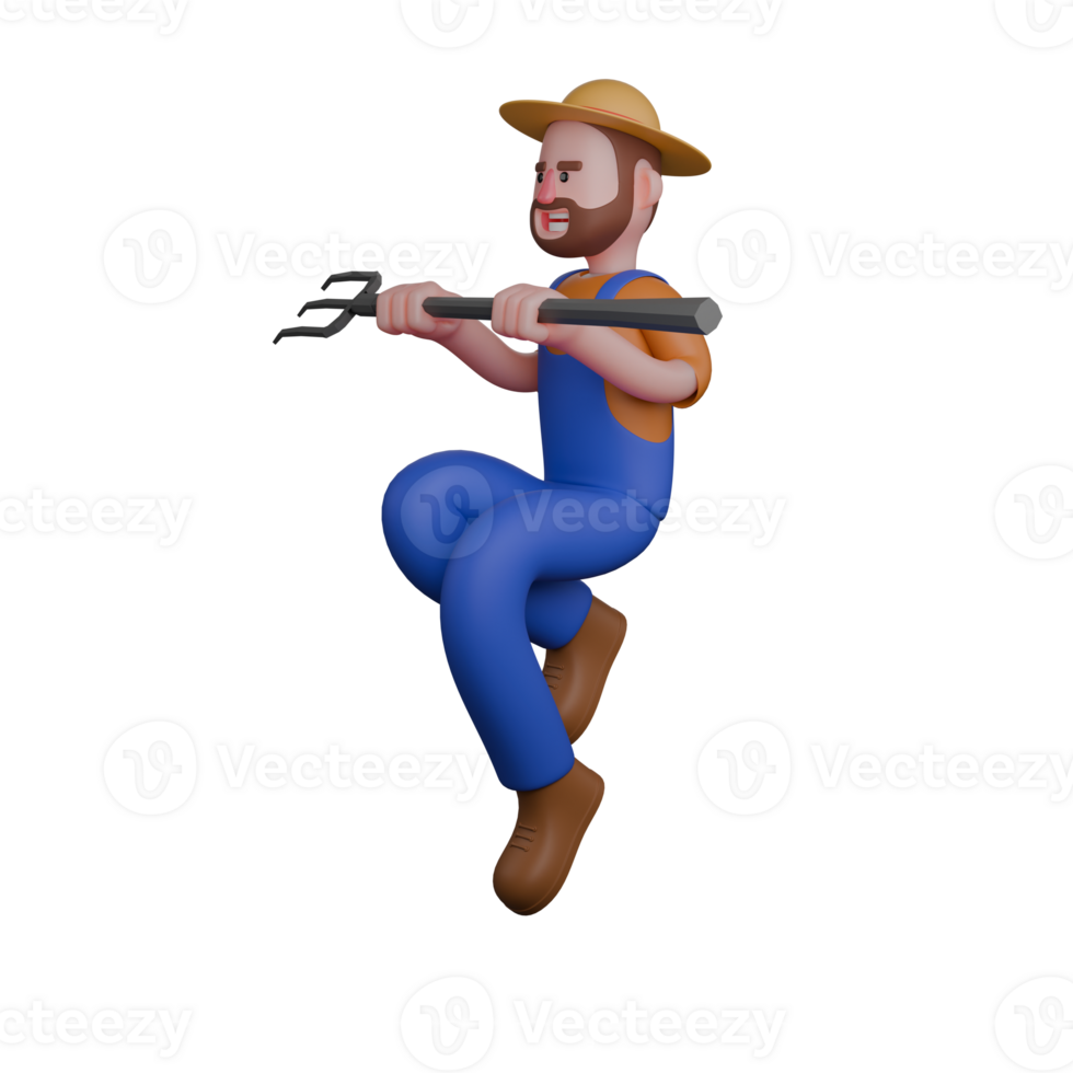 Professional Male Farmer in 3D Animation. A farmer is depicted jumping with both hands holding a pitchfork in front of his body. Agricultural png