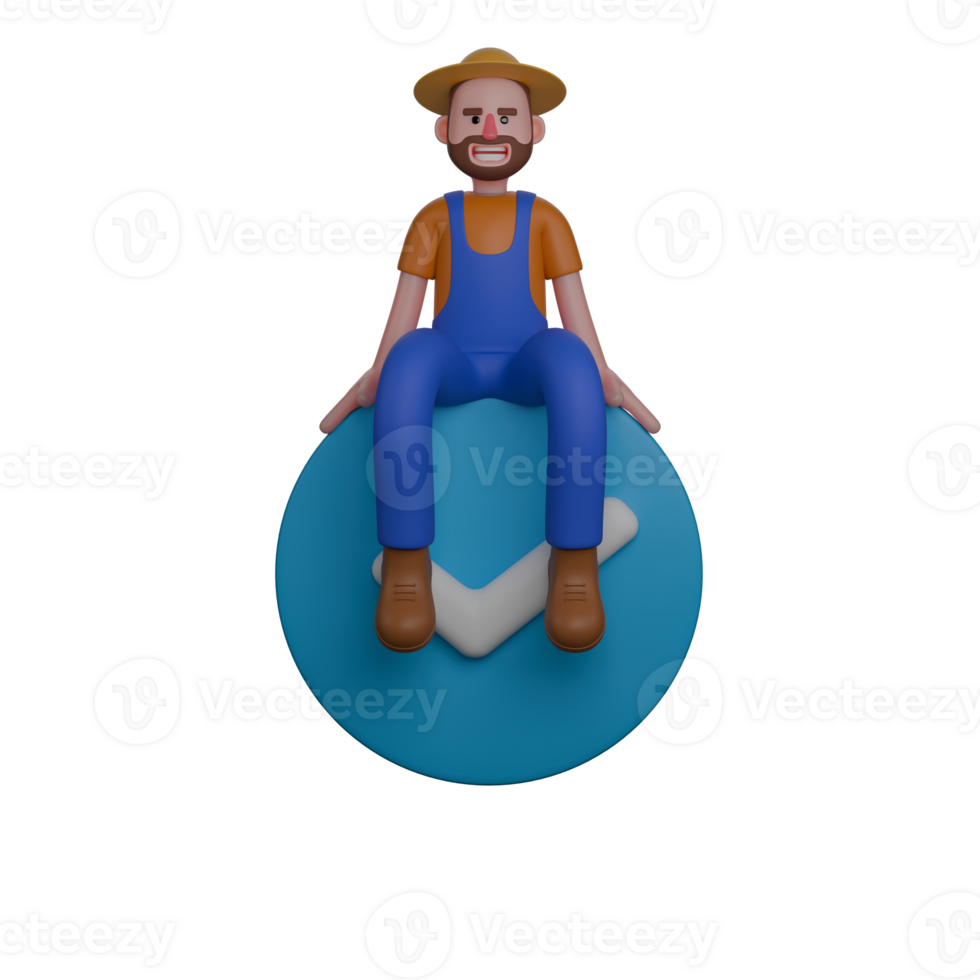 Professional Male Farmer. A farmer is sitting on top of a large blue circle with a white checkmark symbol in the center. 3D Agricultural png