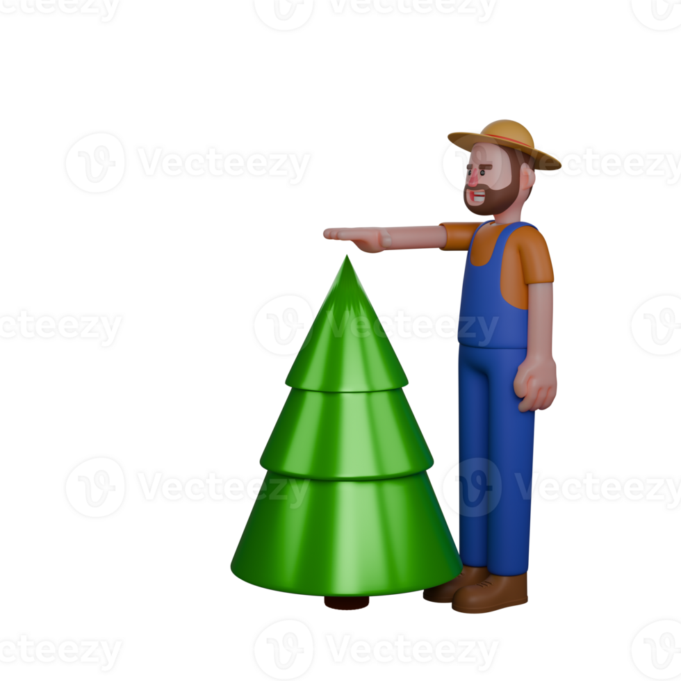 Male Farmer Illustration in 3D. A farmer is measuring the height of a pine tree using his hand. Professional png