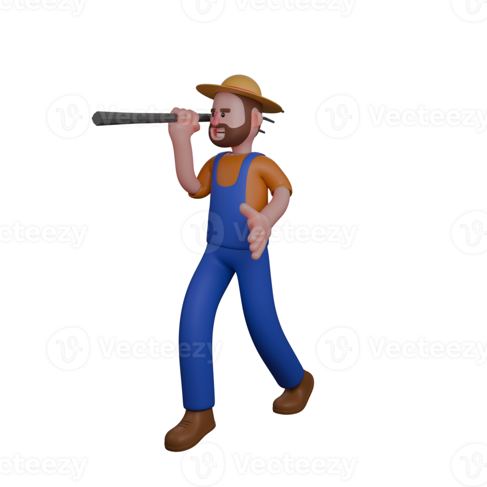 3D Male Agricultural Character. A farmer is standing with one hand holding a pitchfork resting on his shoulder, while the other hand is extended forward png