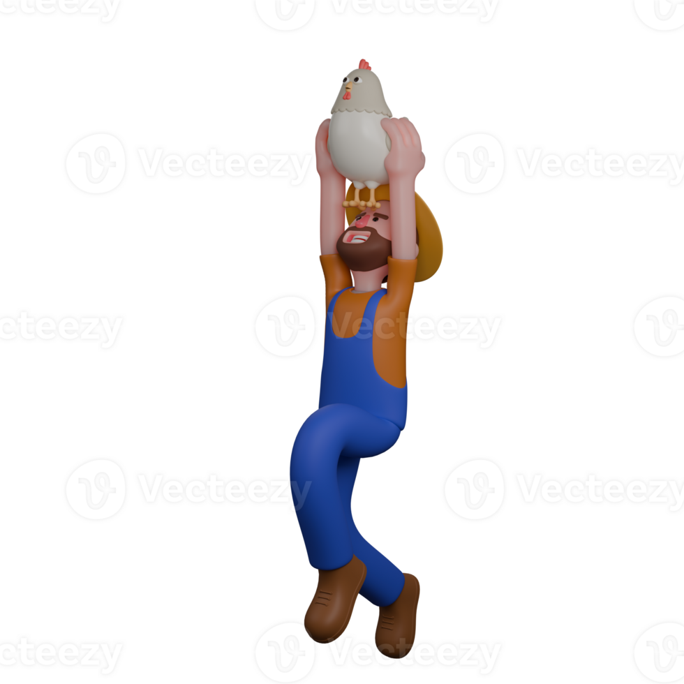 of Professional Male Farmer. A farmer is jumping with one leg in the air while lifting a chicken above his head with both hands png