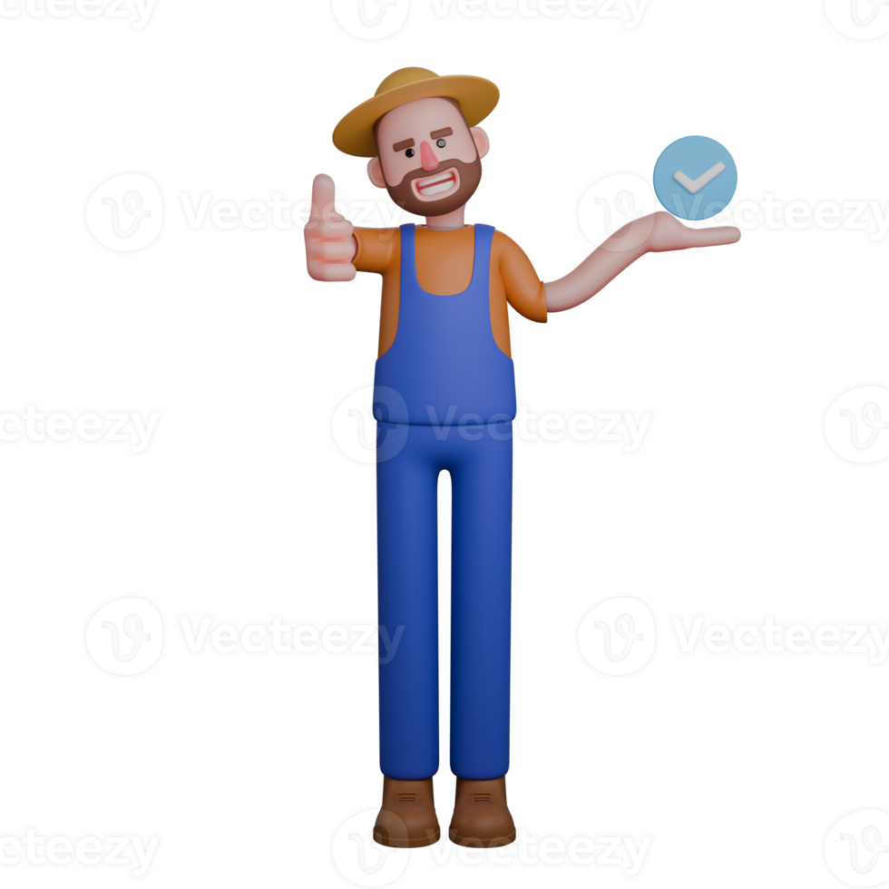 Illustrated Farm Expert. A farmer with a broad smile is holding a blue checkmark symbol in one hand and giving a thumbs-up with the other. 3D Male Farmer png