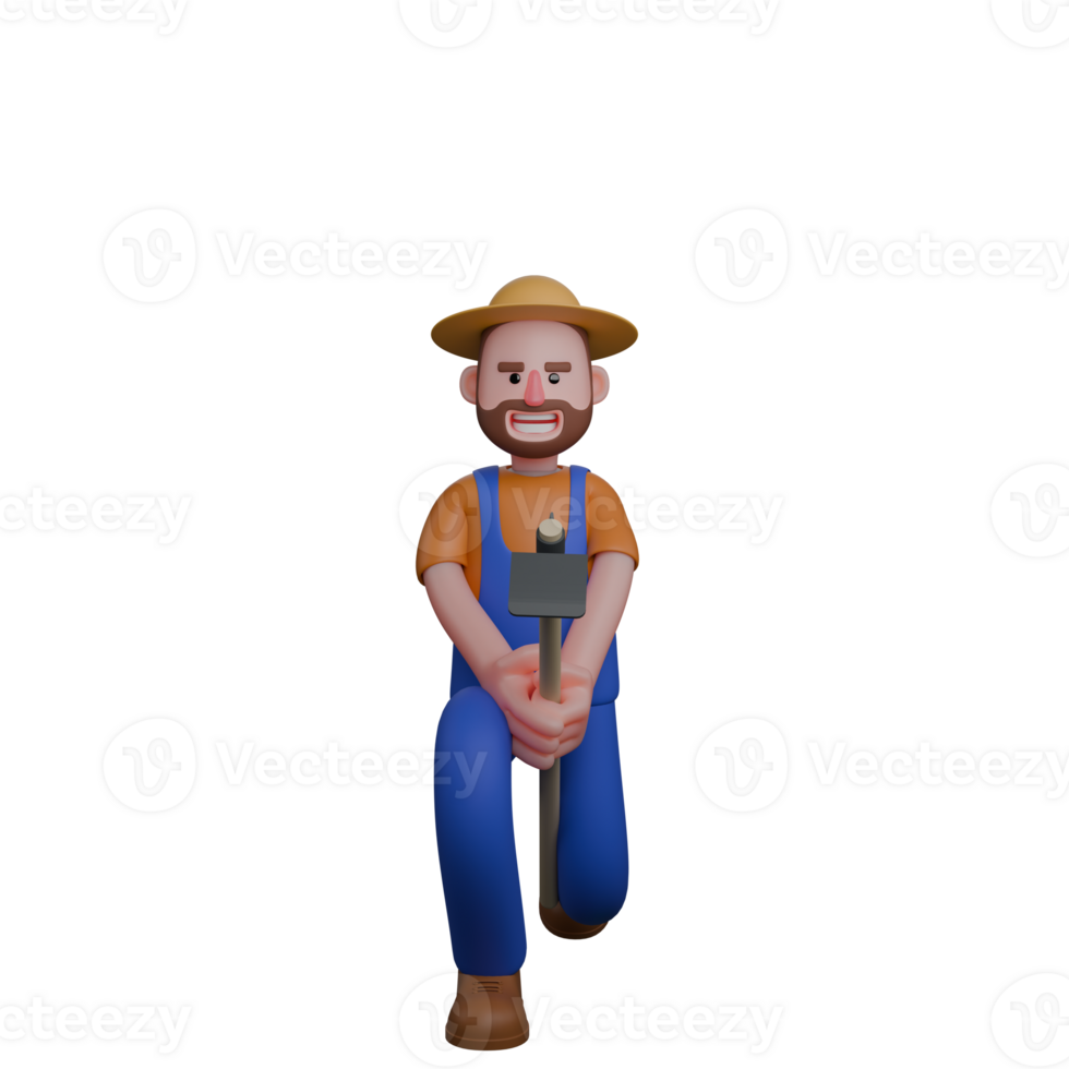 3D Male Farmer Working. A farmer wearing a straw hat stands upright while holding a hoe with both hands. Agricultural Cartoon png