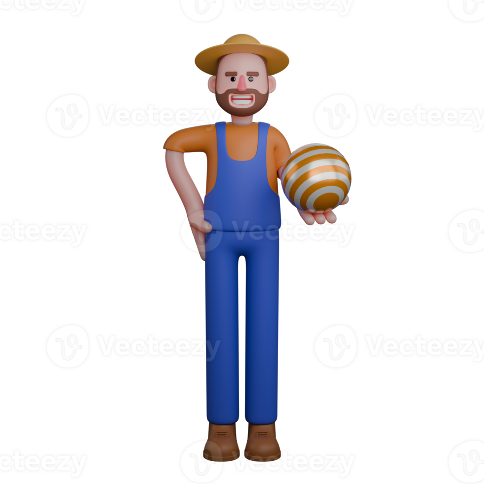Agricultural Professional Male. A farmer holds a yellow and white striped ball in his right hand while his left hand is placed on his hip. 3D Farmer Cartoon png