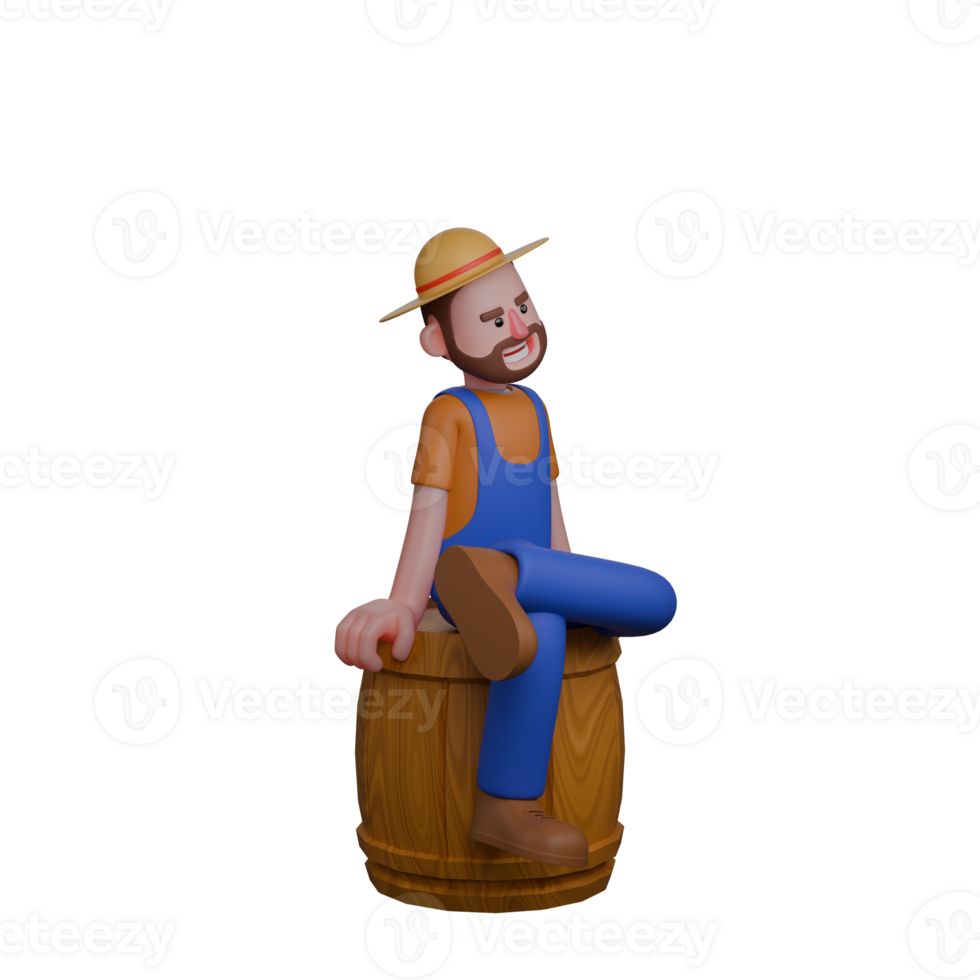 3D Professional Farming Character. Farmer Relaxing on a Wooden Barrel. Male Farmer png