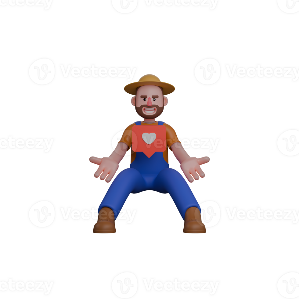 Professional Farmer in 3D. A farmer is sitting with both hands extended forward, while a pink heart symbol is displayed on his chest png